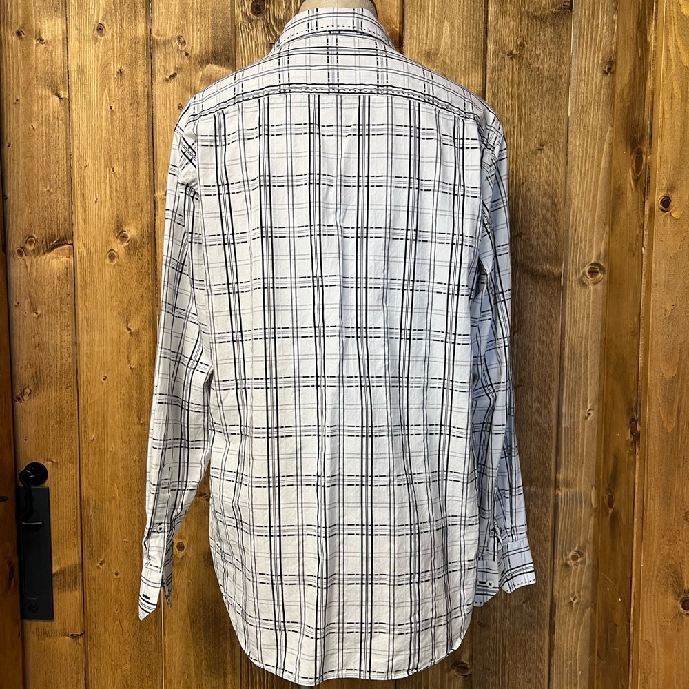 Men’s Bugatchi Large White Black Plaid Long Sleeve Button Up Floral Cotton Shirt - Picture 7 of 10